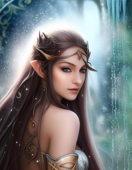 Beautiful Elf in Rain, Whimsical Fantasy Art