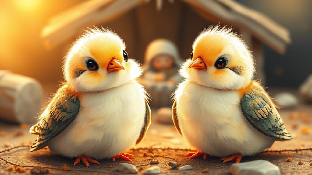 Chibi Turtledoves in Golden Light, Amidst Nativity Scene