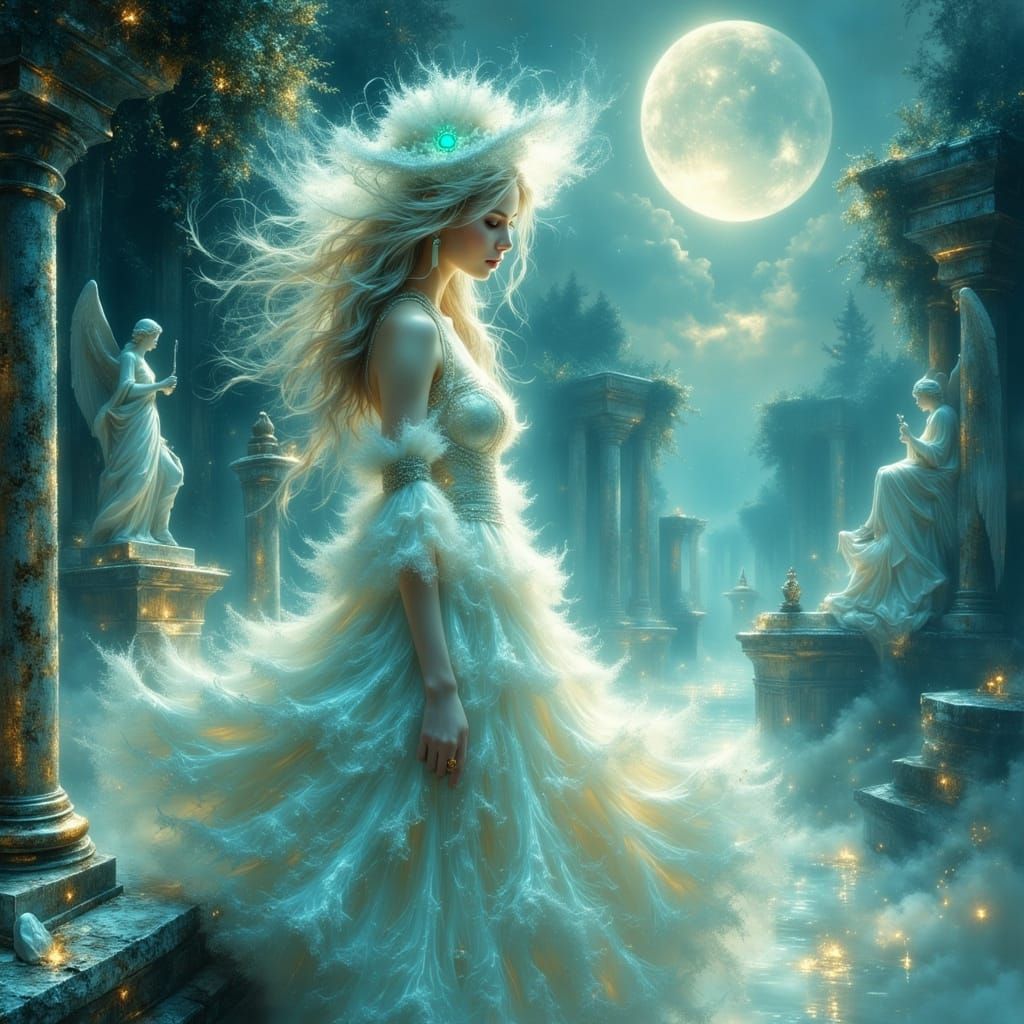 Fantasy Woman in Celestial Temple Ruins