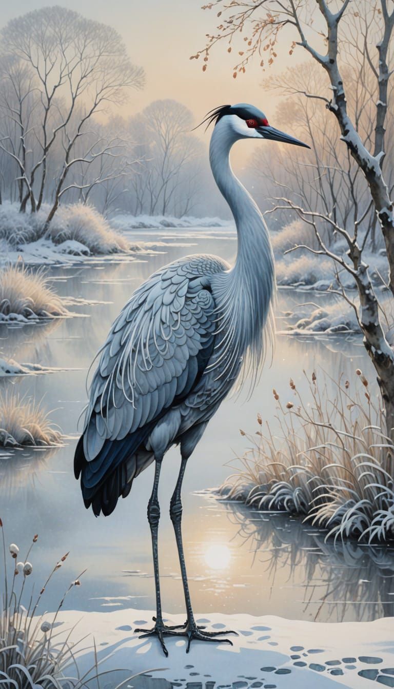 Ethereal Oriental Crane in Winter Wonderland