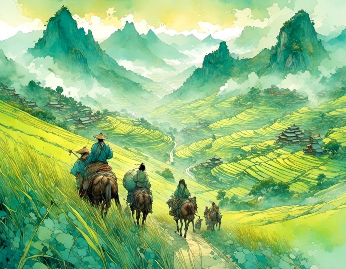 Fantasy Travelers in Rural China Landscape