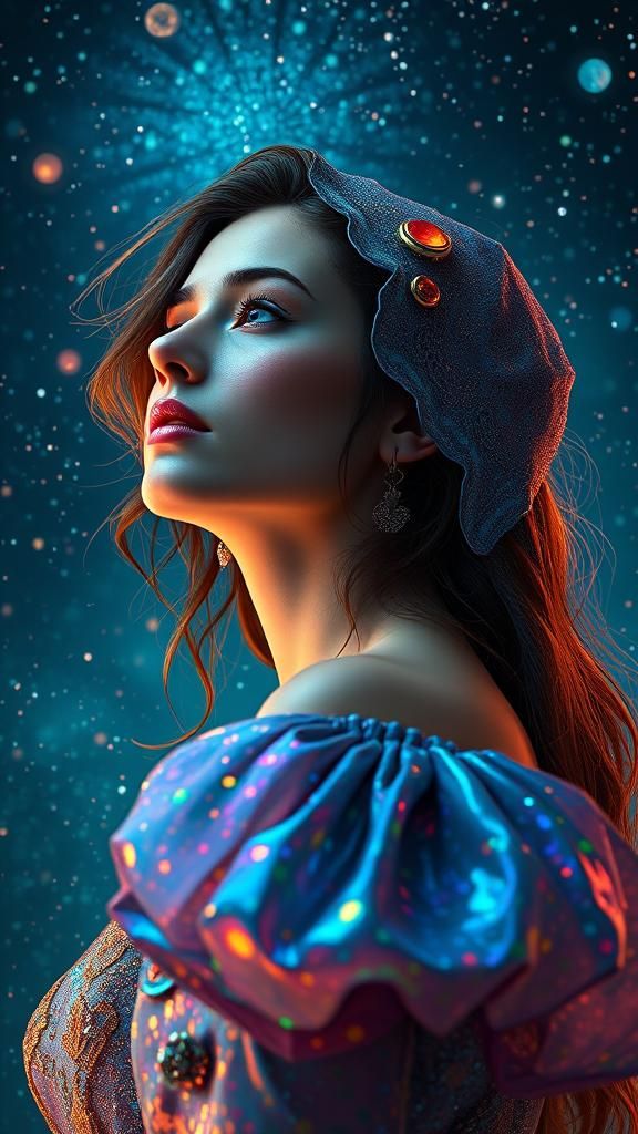 Cosmic Woman Stargazing in Art Nouveau Style