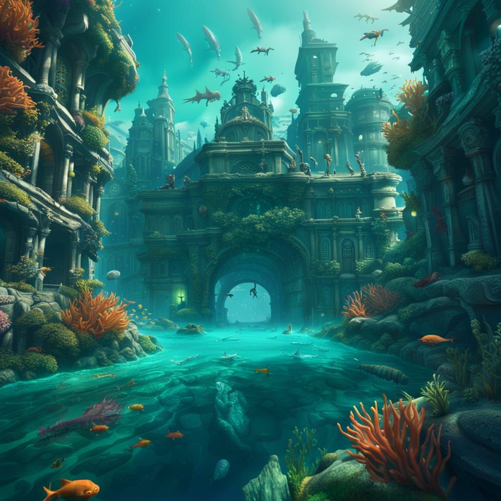 Underwater City with Dragons: Fantasy Concept Art