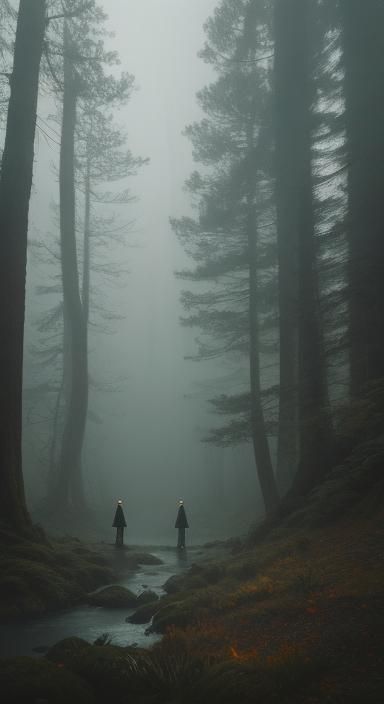 Elves Gather in Misty Forest: Cinematic Film Still