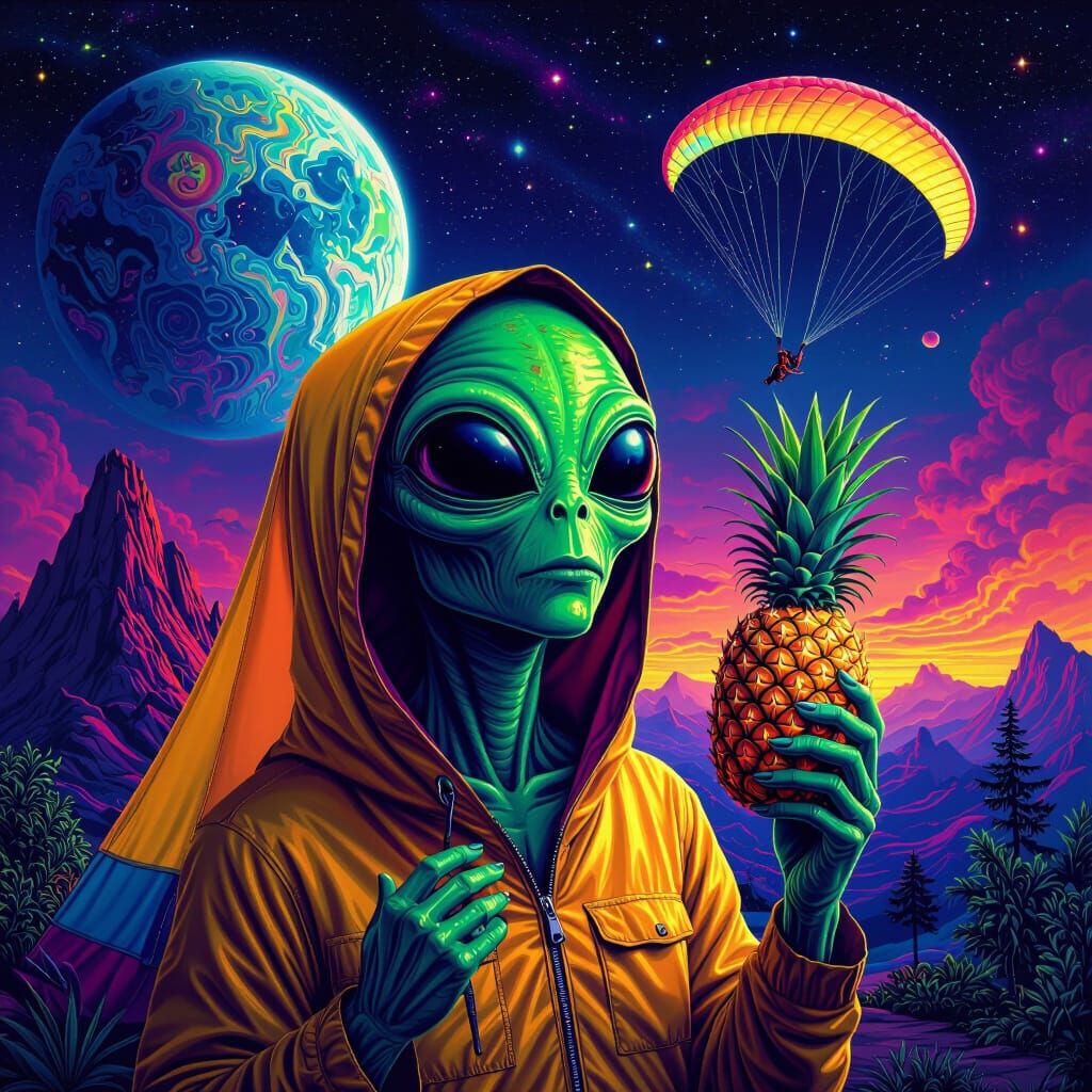 Psychedelic Alien Head with Tent and Pineapple