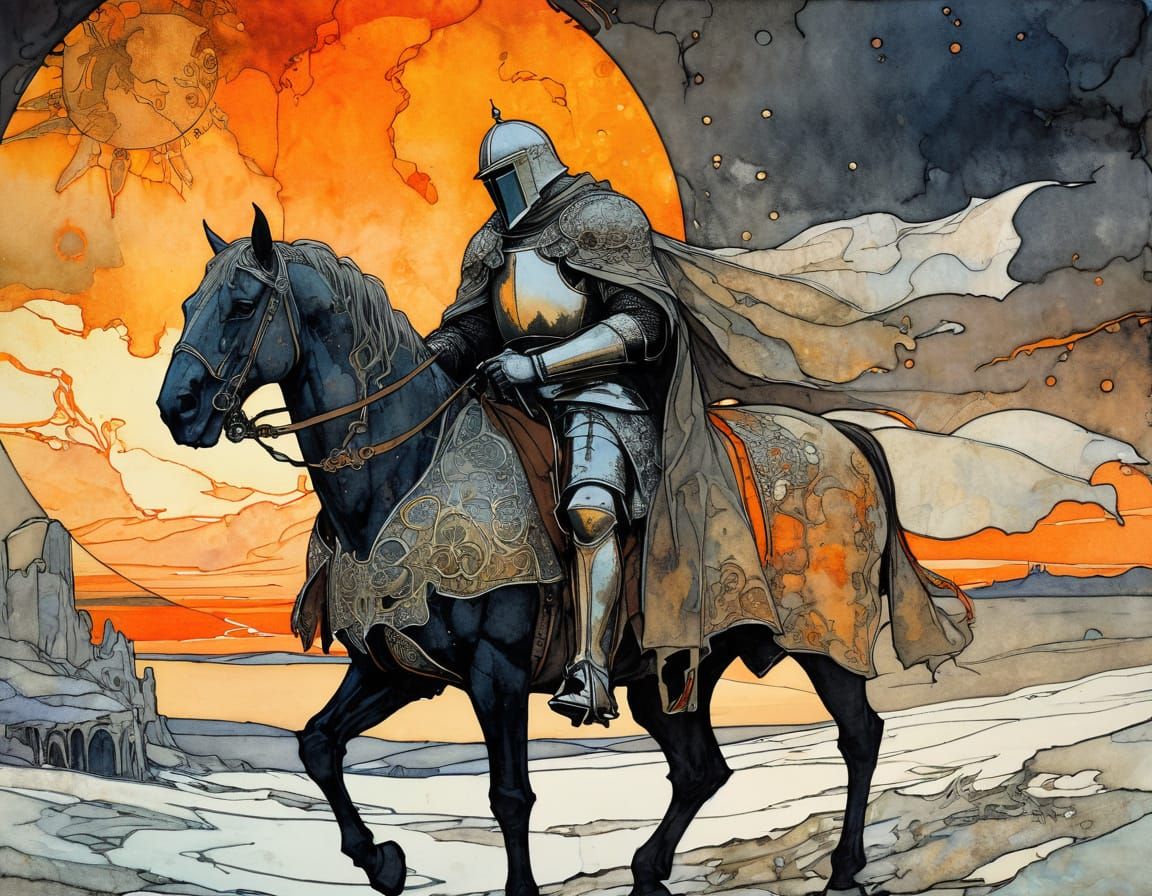 Gothic Knight and Steed in Frozen Battlefield