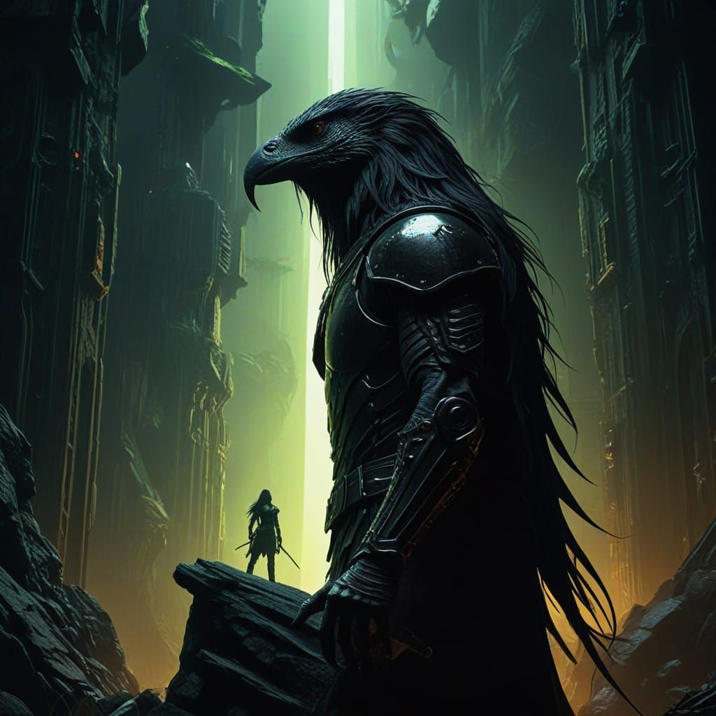 Ethereal Warrior in Neo-Noir Fantasy Landscape