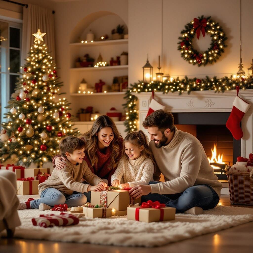 Family Decorates Cozy Living Room for Christmas