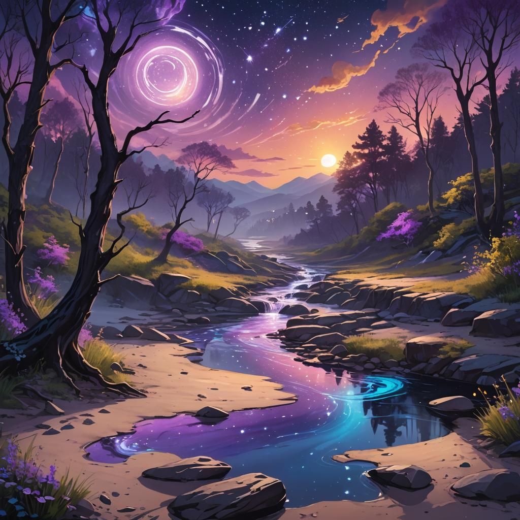 Bioluminescent Creek at Sunset: Fantasy Landscape