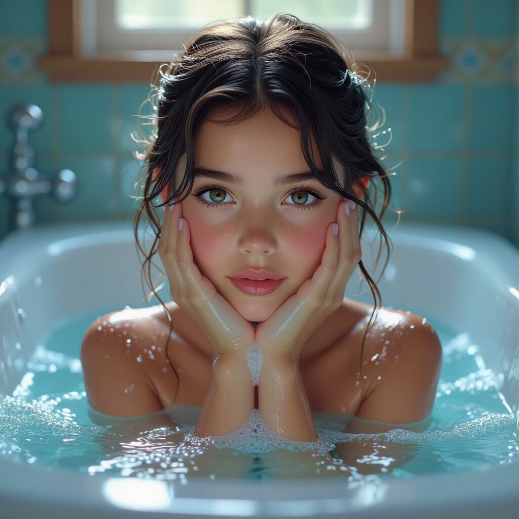 Young Woman Washing in Bathtub, Fantasy Realism Art