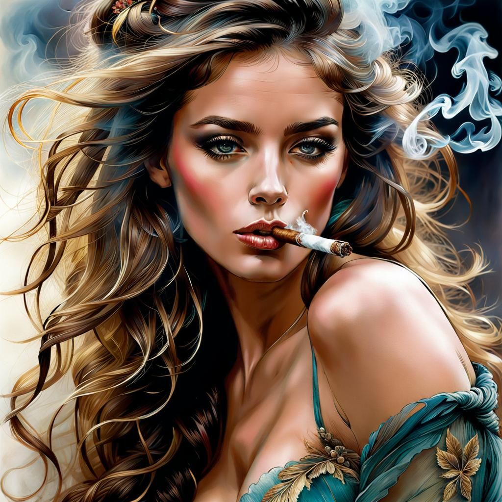 Young French woman smoking a cigar