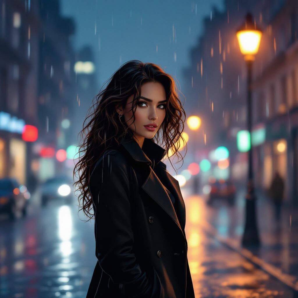 Woman in Rainy City Night, Cinematic Style