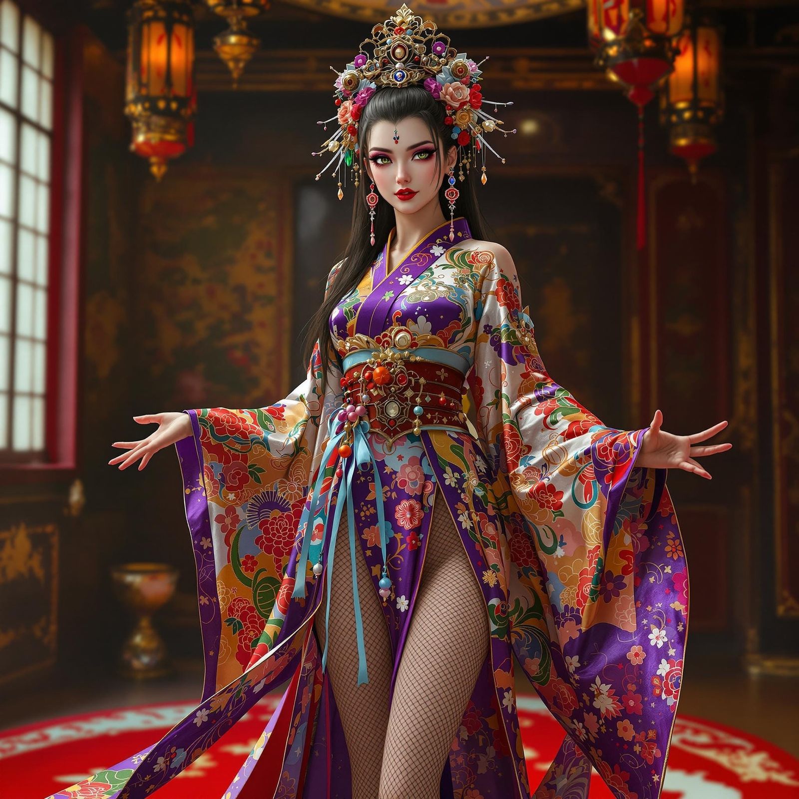 Japanese Shinto Priestess in Opulent Room, Digital Art
