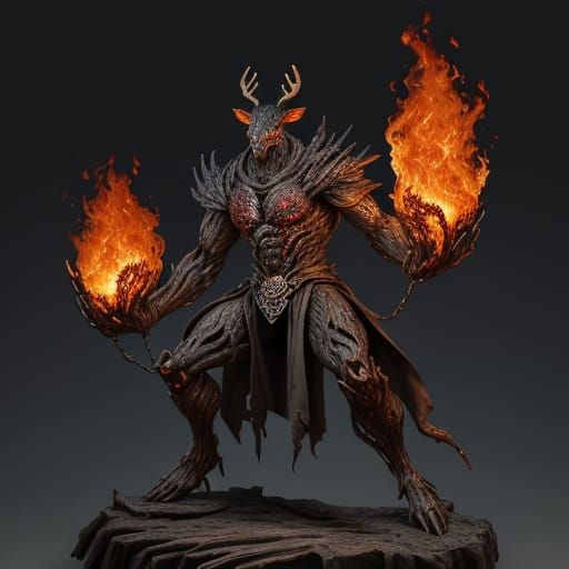 Infernal Deer-like Being of Burning Wood and Molten Roots