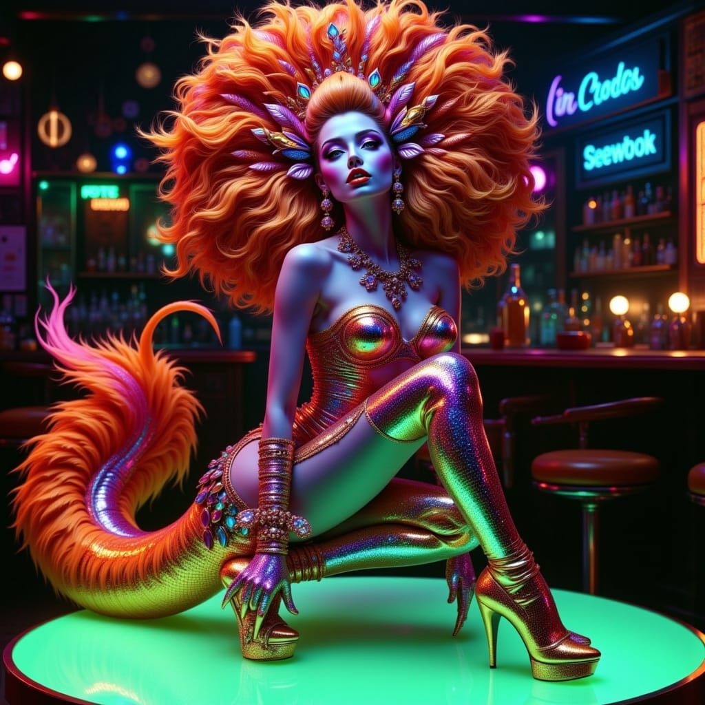 Alien Showgirl with Peacock Tail in Neo-Burlesque Style