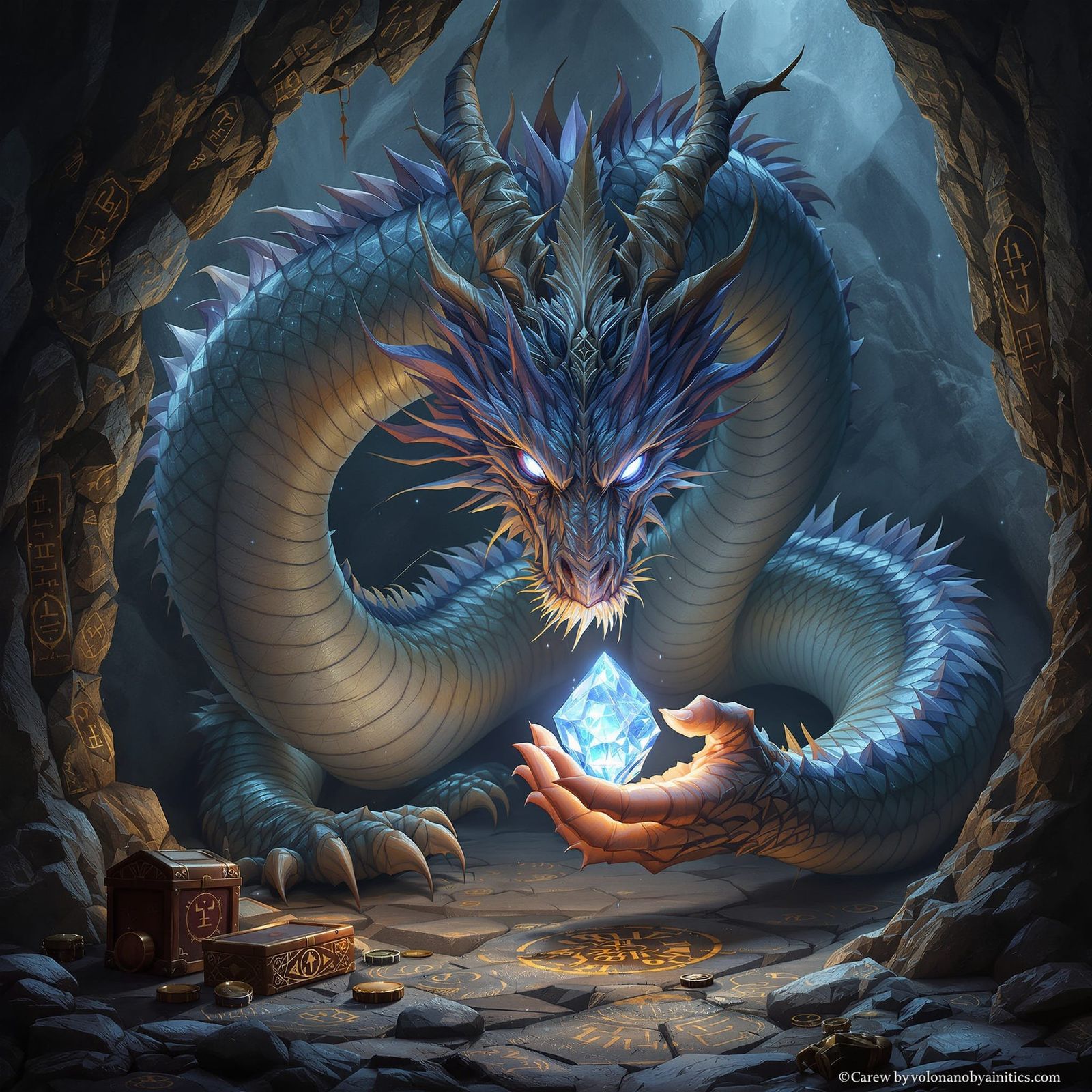 Iridescent Dragon in Rune-Covered Cave with Crystal