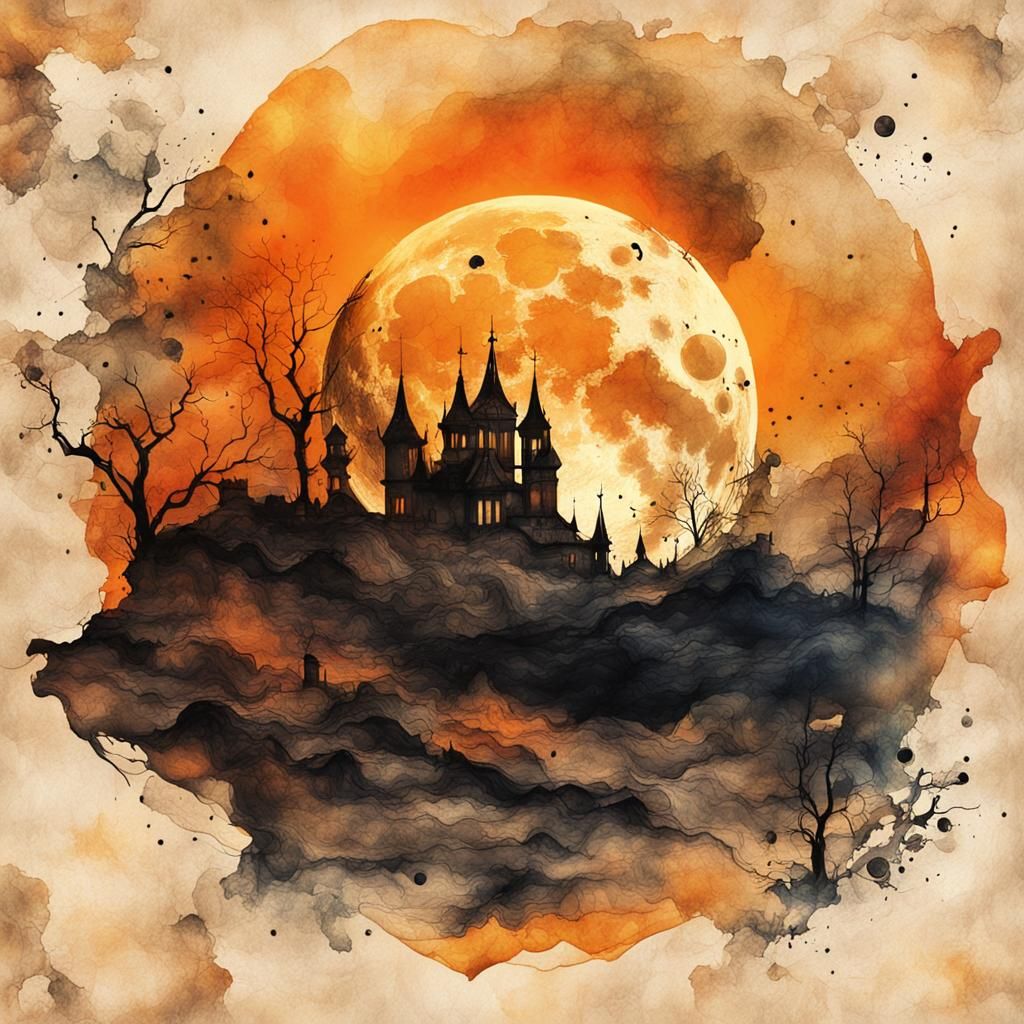 Luminescent Moon Double Exposure in Ink Painting Style