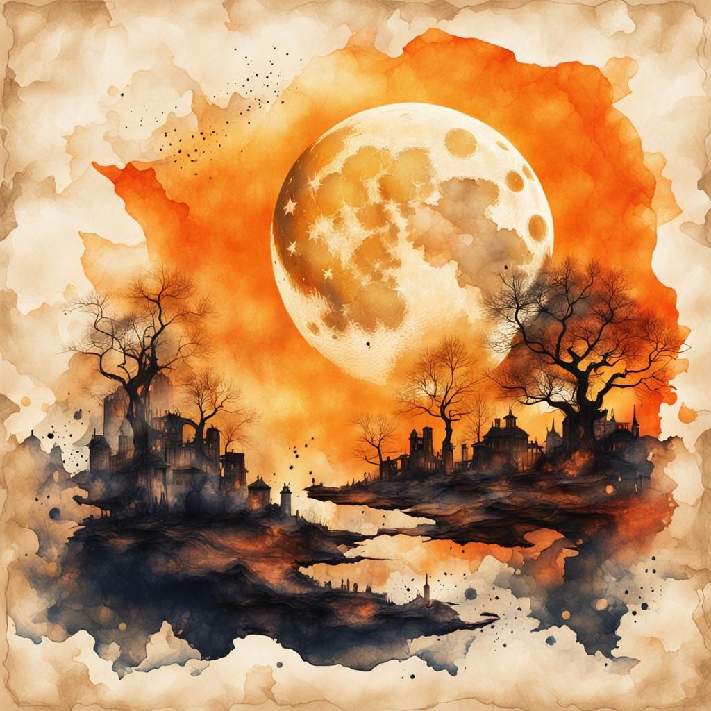 Double Exposure Moon in Orange Ink Painting