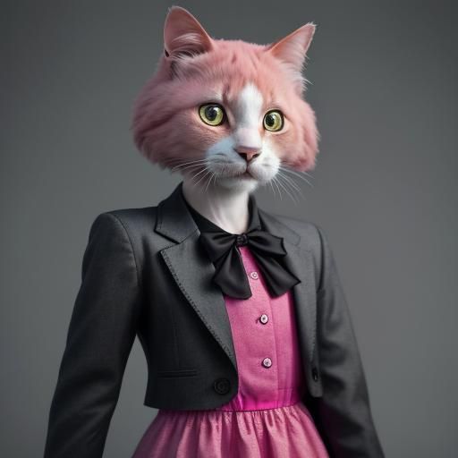 Anthropomorphic cat wear a pink dress play with an anthropomorphic dog.