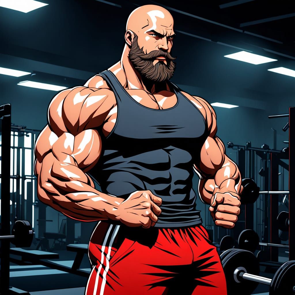 Strong, Shaved Head, Red Beard Gym Athlete in Hyper-Realisti...