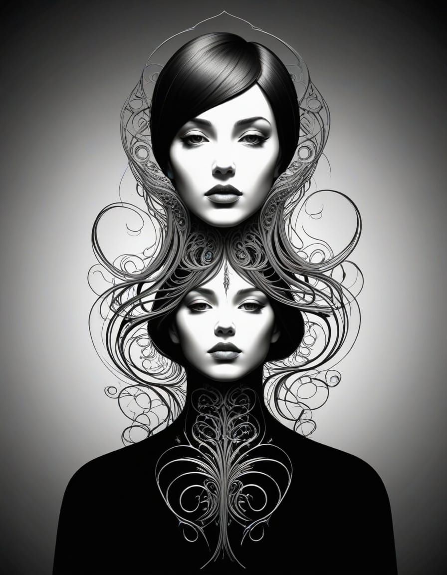 Embossed Calligram of Mother and Children in Black and White