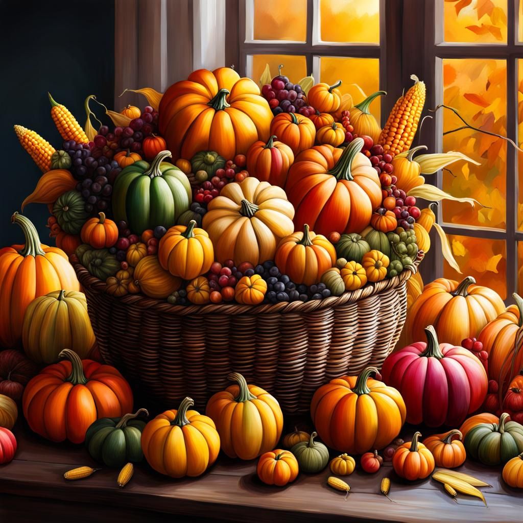 Abundant Harvest Festival Fruit Basket in Hyperrealistic Sty...