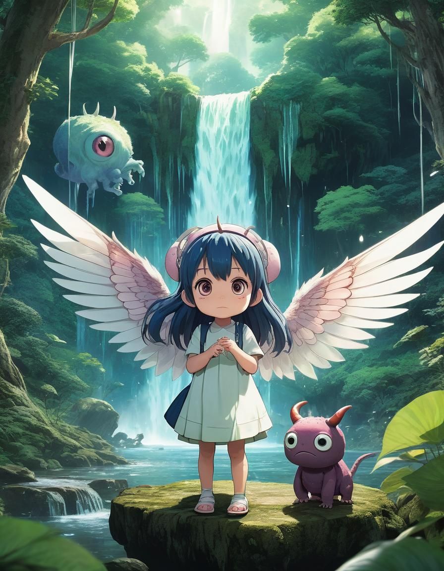 Anime Little Girl and Adorable Monster in Forest