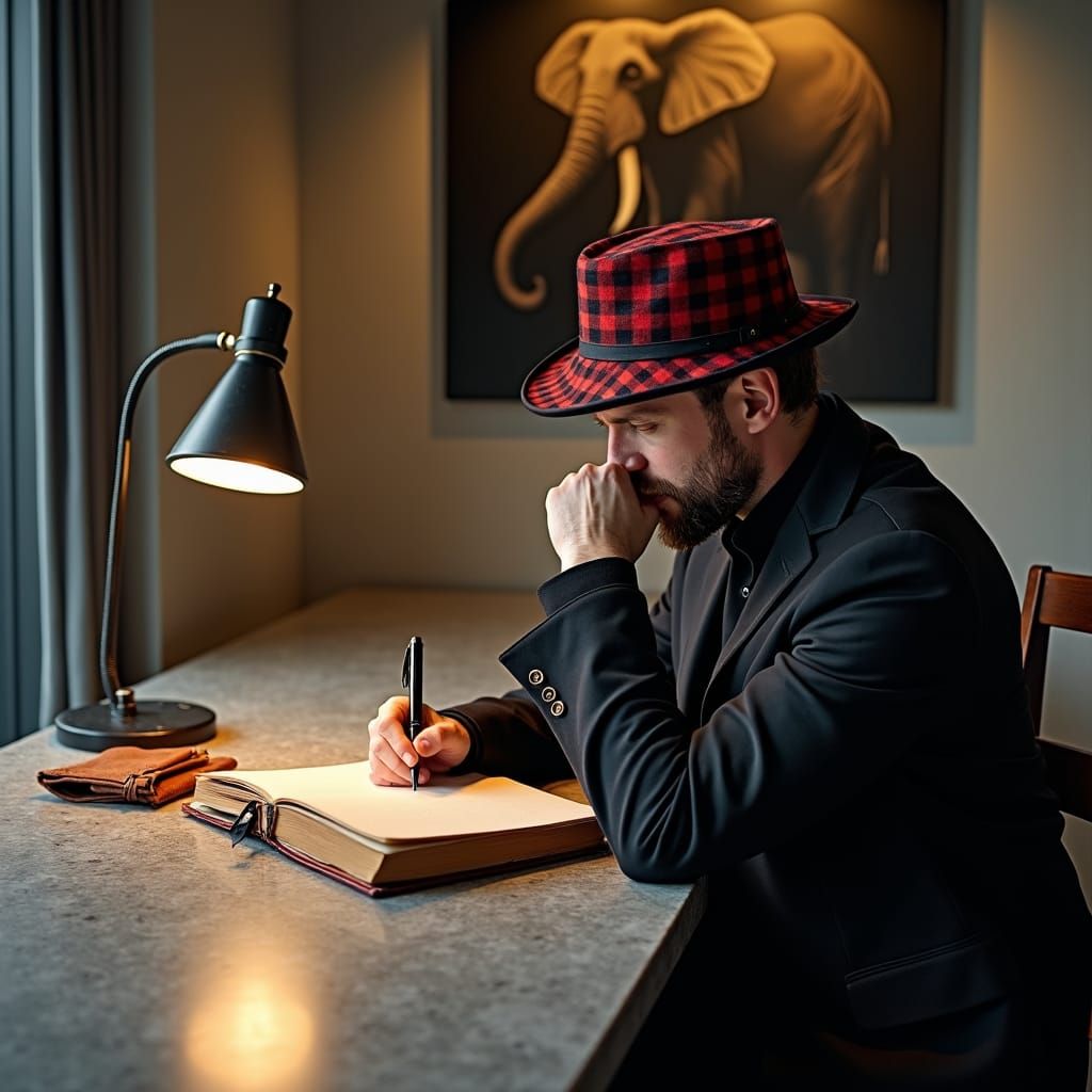 Contemplative Man Writing in Notebook with Elephant Art