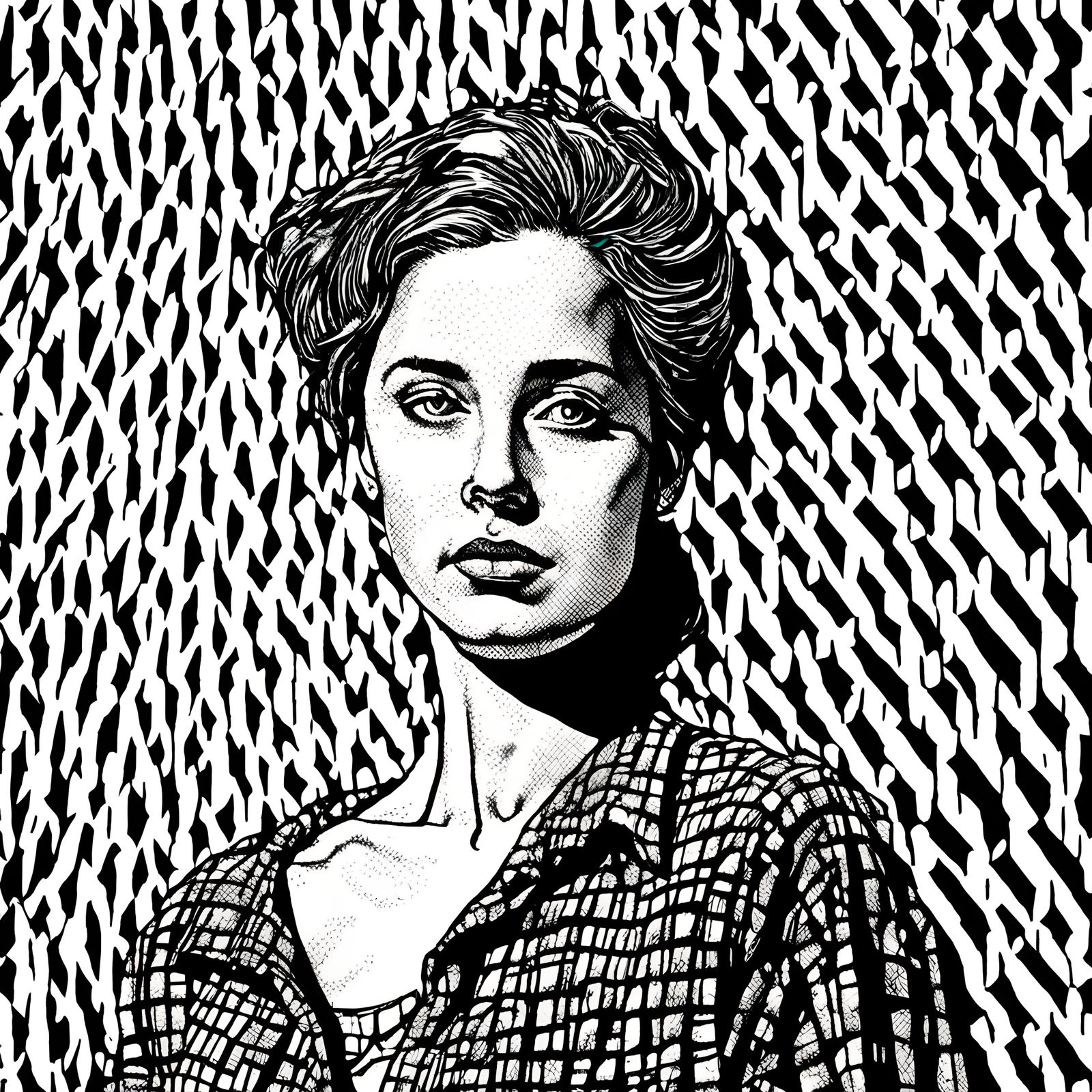 Woman in Crosshatched Line Art Illustration