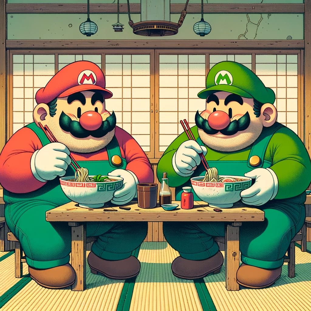 Plumber Brothers Enjoying Ramen in Whimsical Animation
