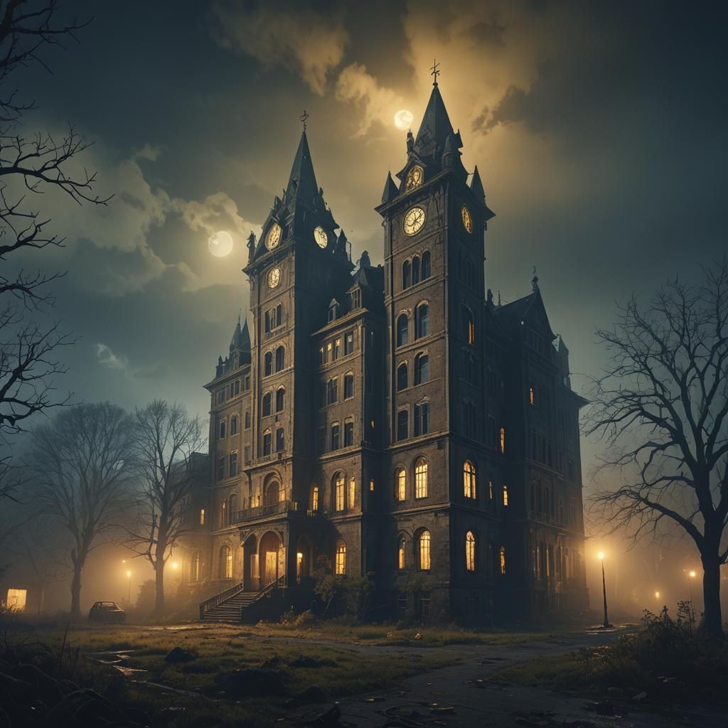Ominous Abandoned Asylum in Matte Painting Style