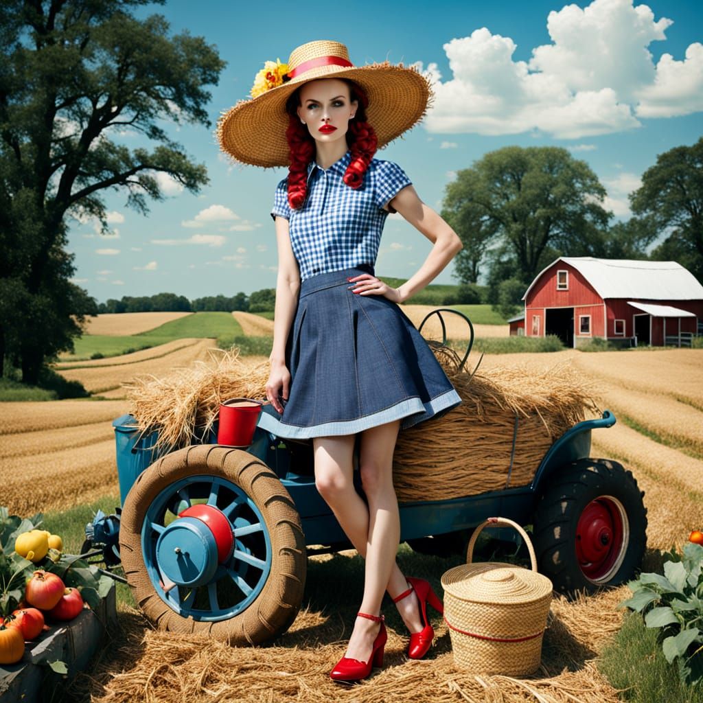 Sultry Farm Goddess in Extravagant Gingham and Straw