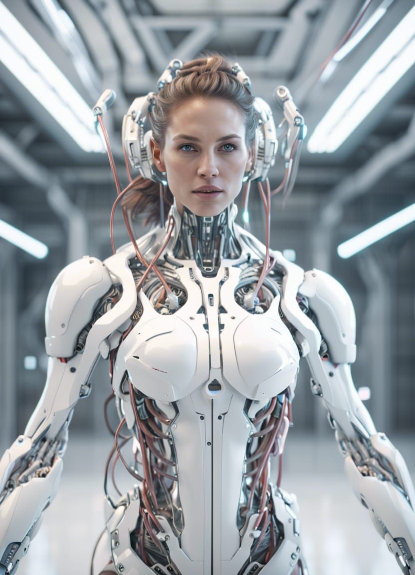 Futuristic Cyborg in White Room: Sci-Fi Art
