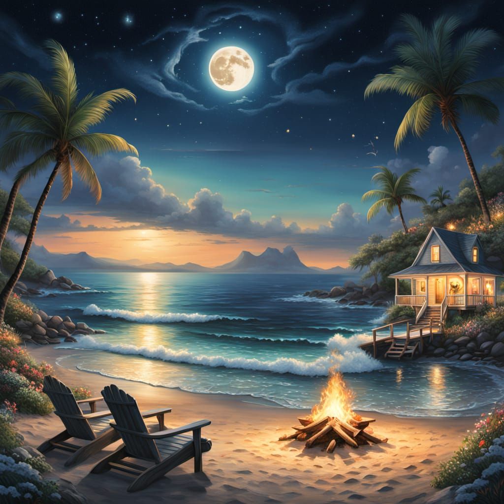 Bonfire on Beach Under Stars in Hyperrealistic Style