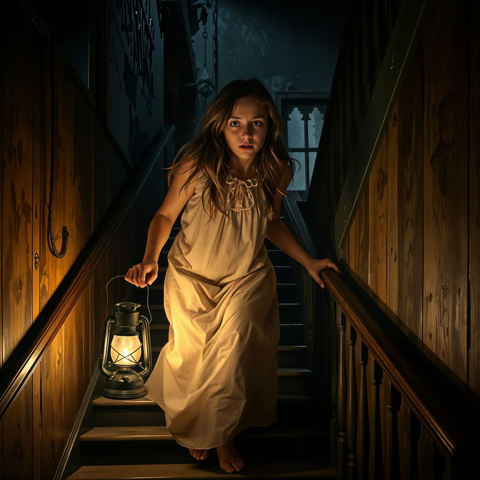 Terrified Victorian Lady Descending Dark Staircase