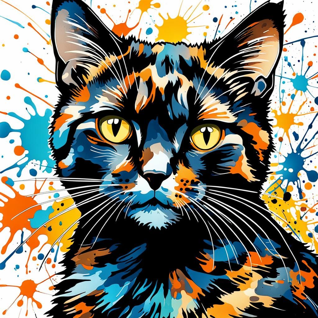 Abstract Ink Splatter Tortoiseshell Cat Painting