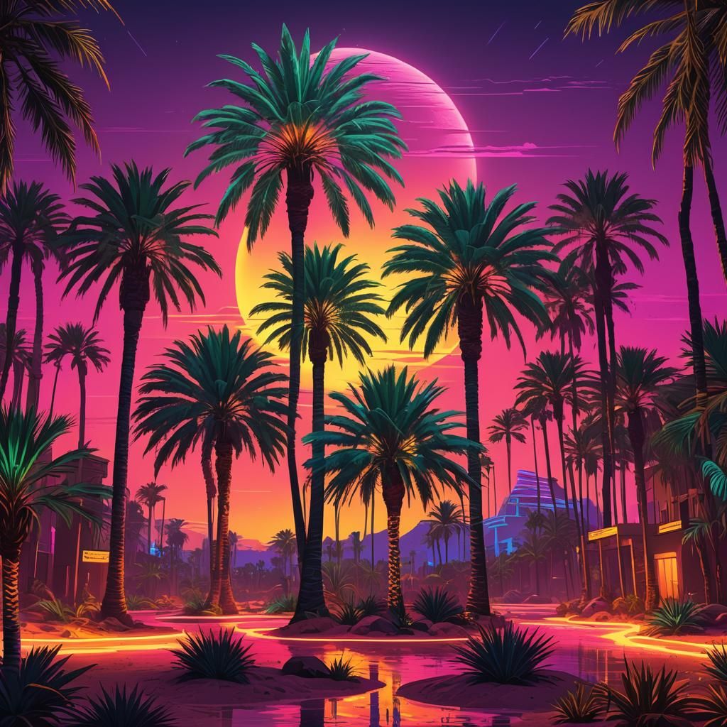 Synthwave Oasis: Egyptian Palms in Neon Digital Art
