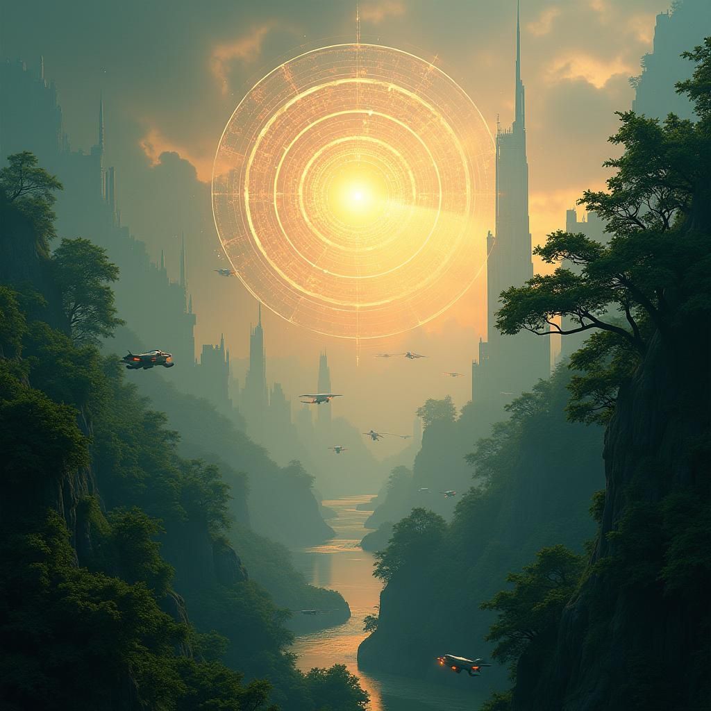 Futuristic Cityscape Radiating Light in Matte Painting