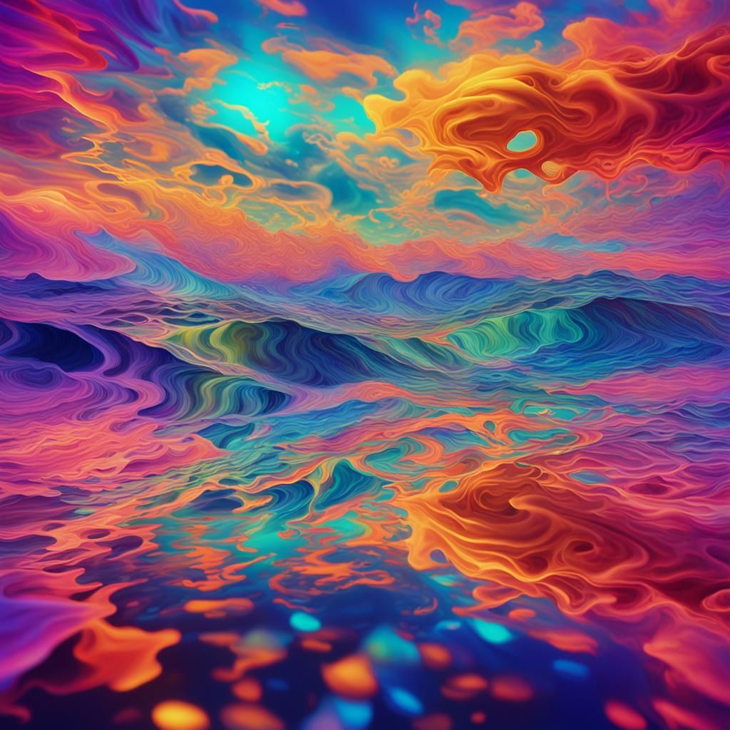 Ethereal Dreamscape with Kaleidoscope Sky and Shimmering Sea