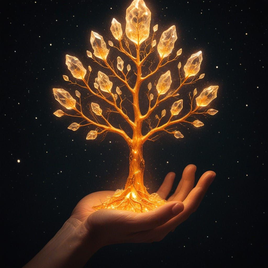 A luminous crystal tree emerging from hand