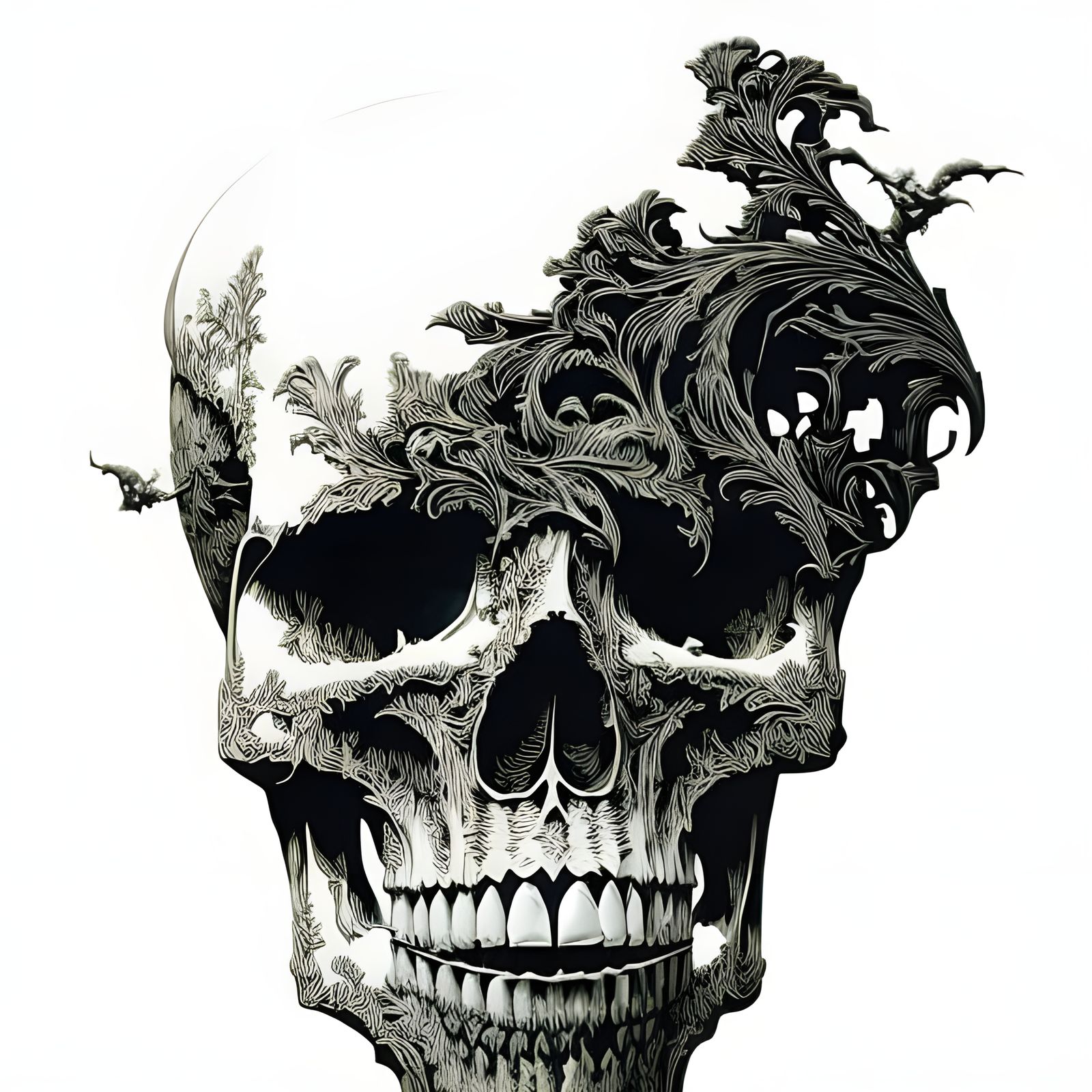 Intricate Skull Portrait in Black Ink Flow