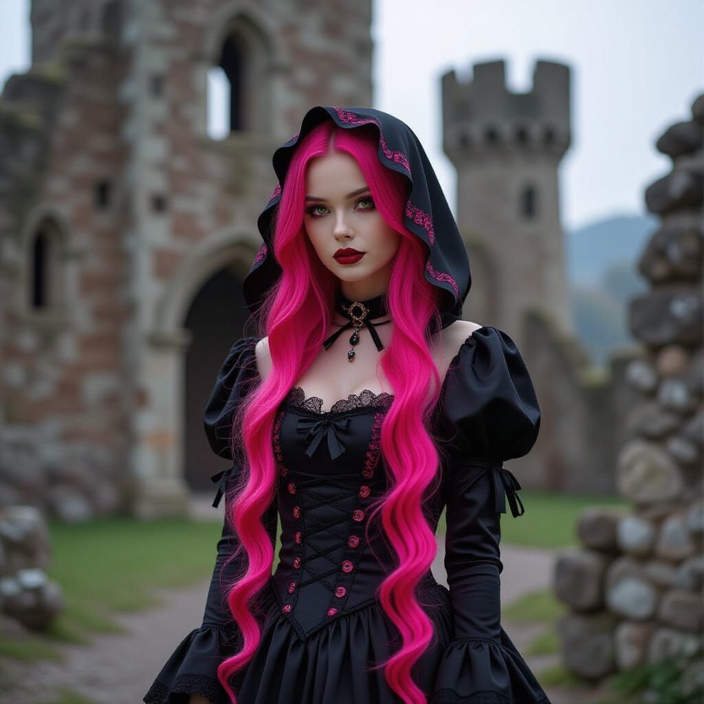 Gothic Vampire Girl in Pink and Black Costume Outside Ruin C...