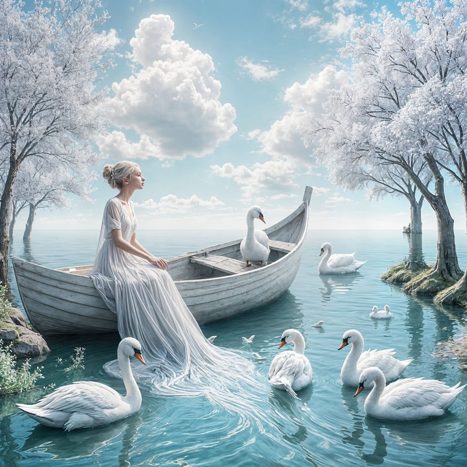 Dreamy Surréaliste Scene with a Woman and a Boat on a Serene...