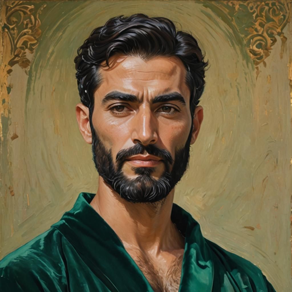 Emerald Robe: Neo-Impressionist Portrait with Mosque Backgro...