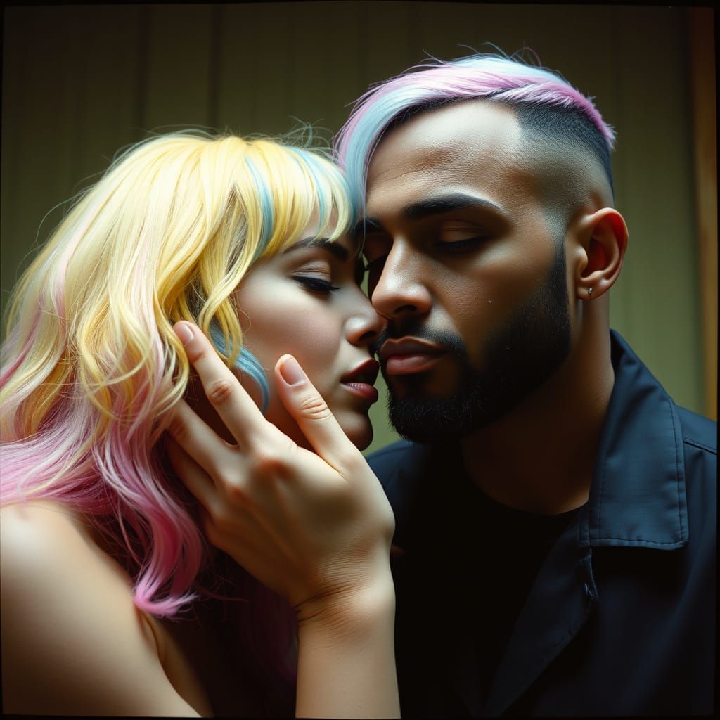 Woman with Colorful Hair Kisses Man: Cinematic Still