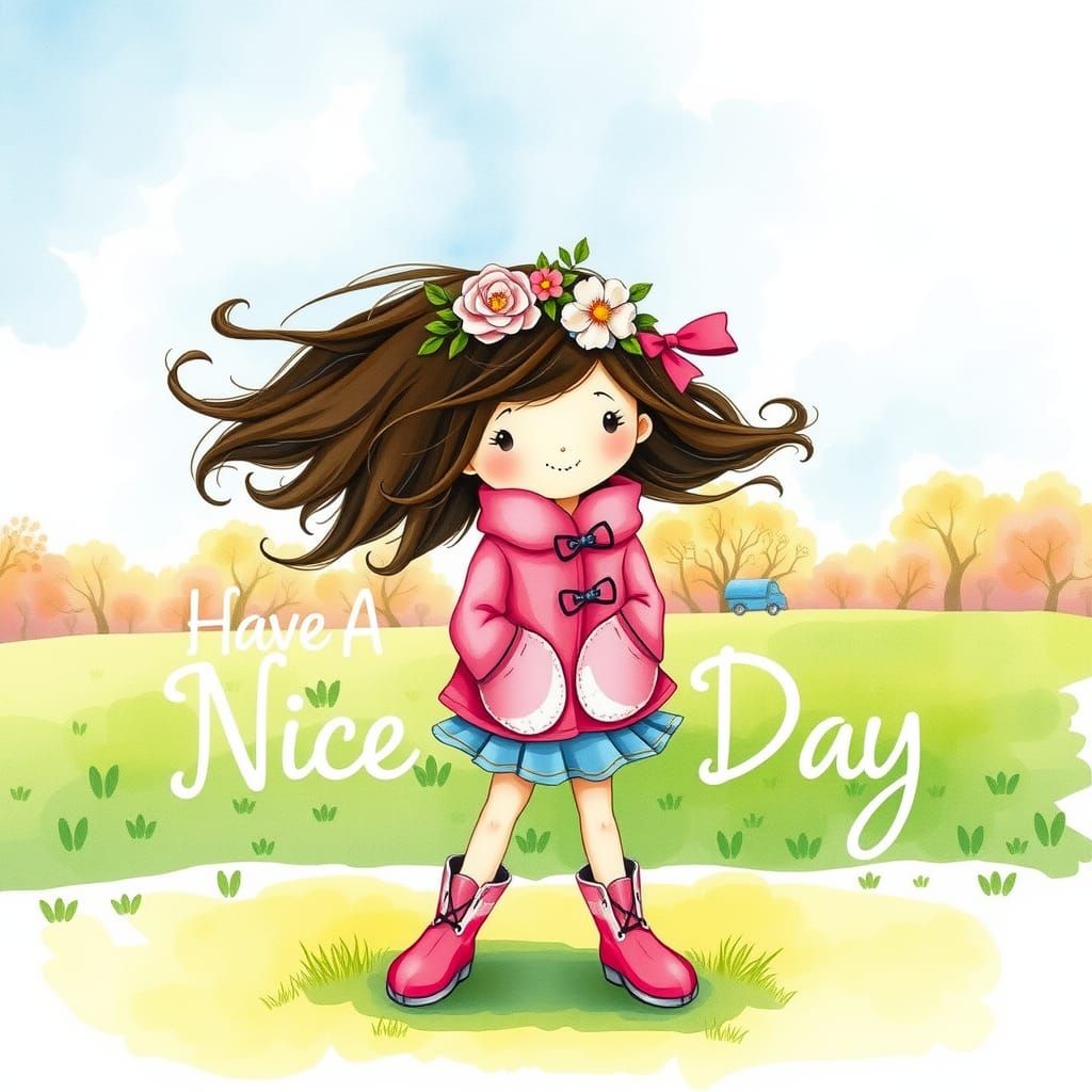 Whimsical Watercolor: Girl with Spring Flowers and Wind