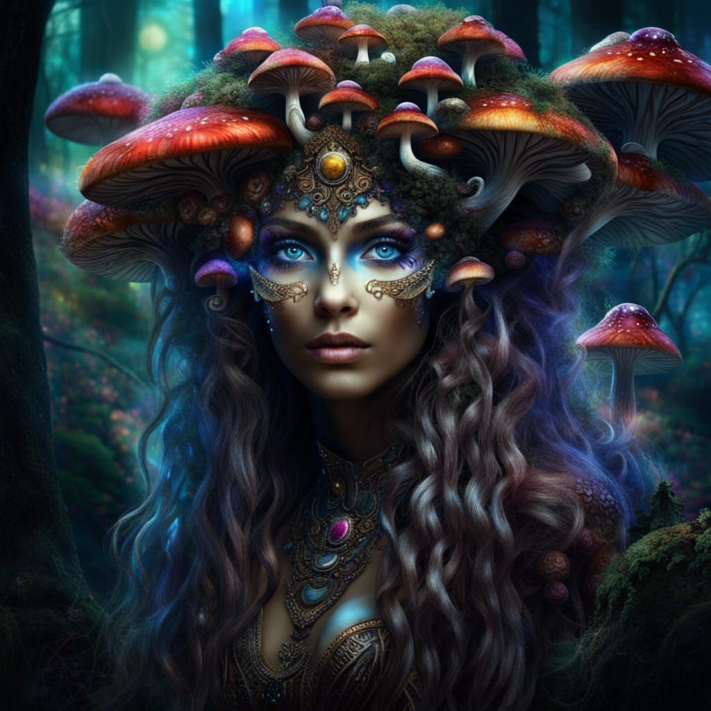 Mushroom Goddess in Enchanted Forest: Dark Fantasy Art