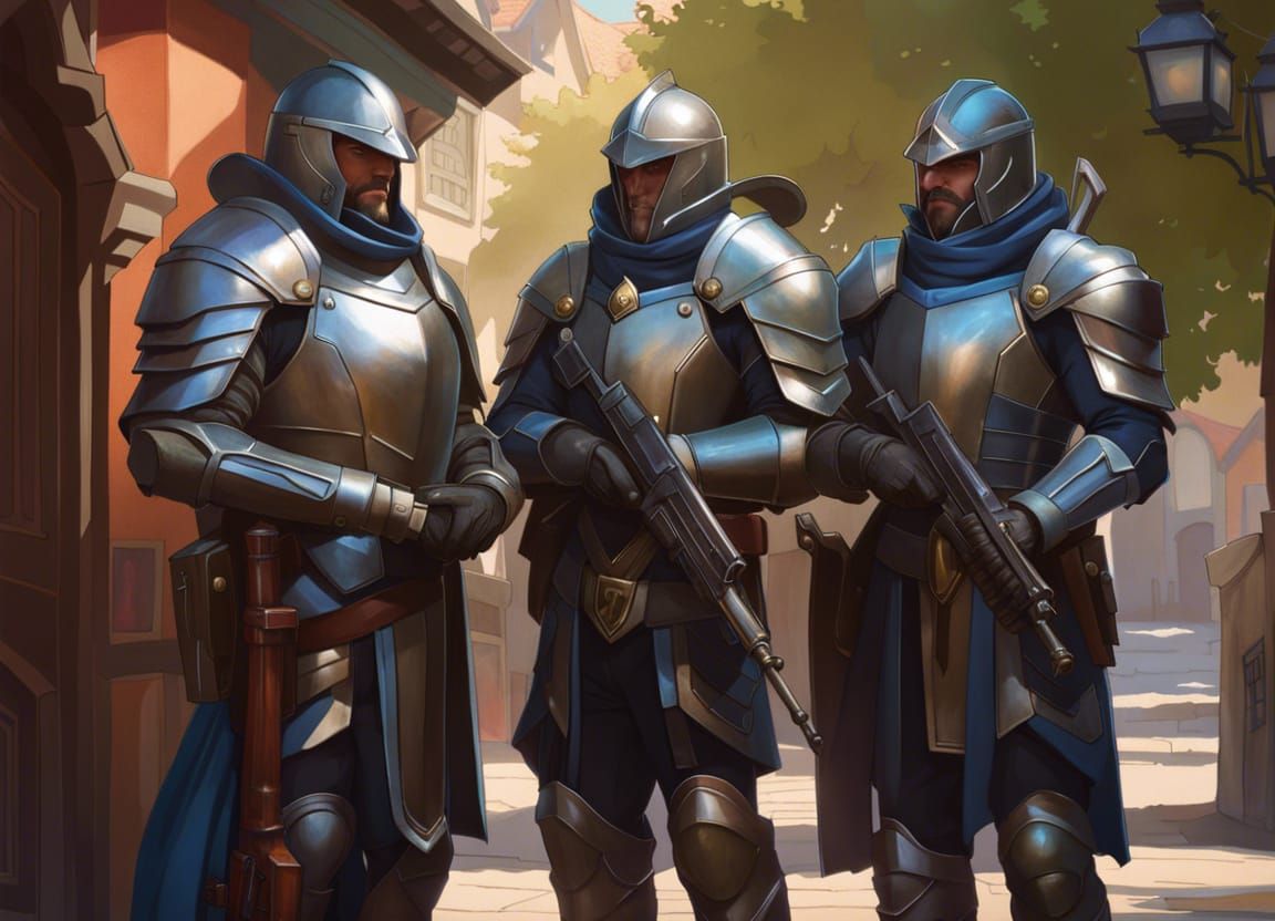 Armored Fantasy Police in Village, Hyperdetailed Art