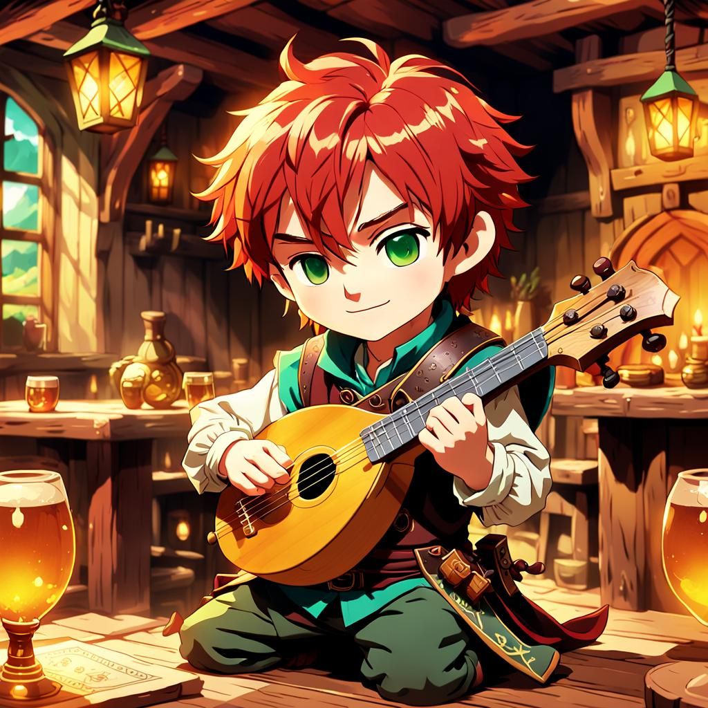 Anime Bard Plays Lute in Tavern