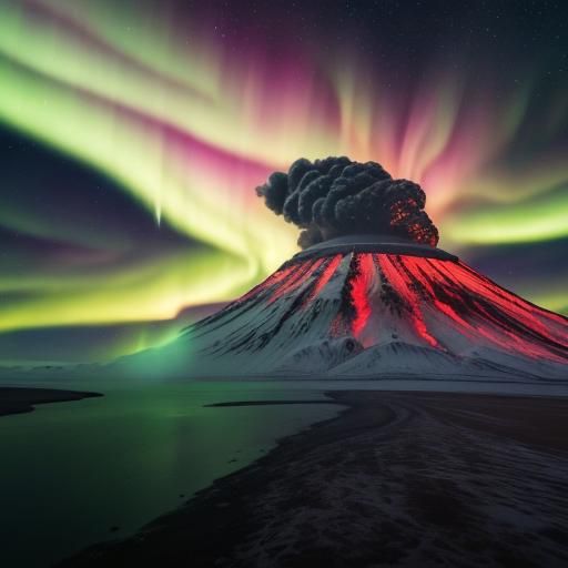 Iceland: Northern Lights captured glowing over erupting volc...